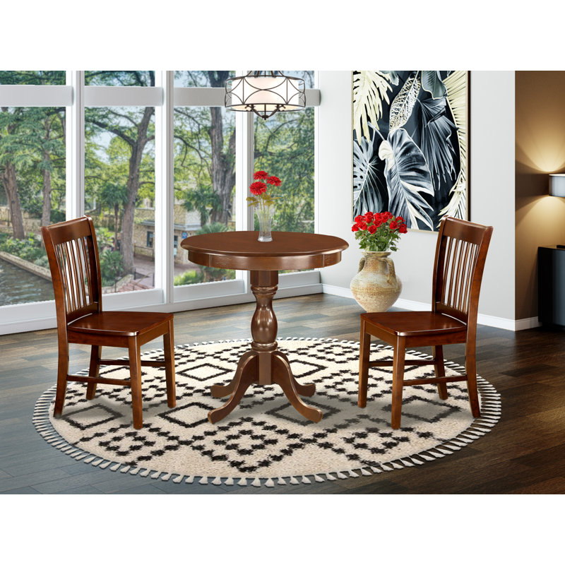 3 Piece Dinette Set for Small Spaces Contains a Round Dining Table with Pedestal and 2 Linen Fabric Dining Room Chairs, 30x30 Inch, Mahogany