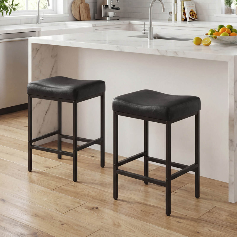 Bar Stools Set of 4, 25” Faux Leather Upholstered Saddle Stools with Metal Legs, 4