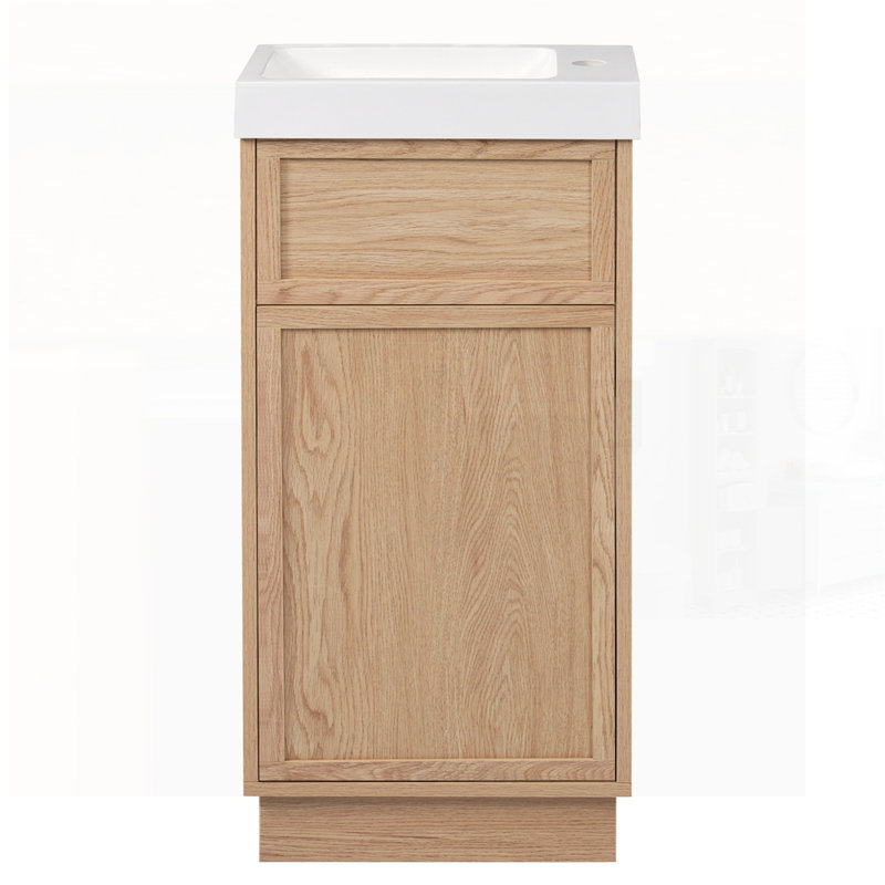 Meuble-lavabo de salle de bain avec lavabo réversible en résine, armoire en panneau de fibres à densité moyenne, tablette réglable, porte à pousser, mélamine grain de bois, style rustique pour les petits espaces