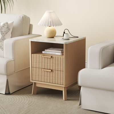 Nightstand Set of 2 with Charging Station, Mid-Century Modern Fluted Bedside Tables with Faux Marble Top, Light Oak End Tables with 2 Drawers  Open S