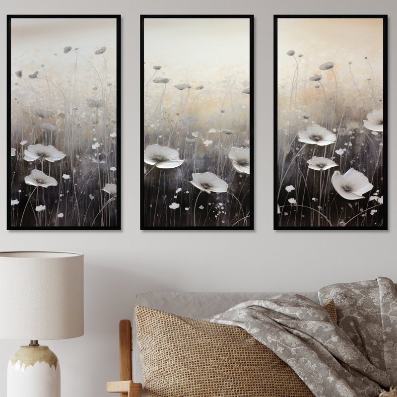 Misty Opalescent Floral Field - Flower Wall Art Print Set, Black Floater Framed, 28" H x 36" W x 1" D