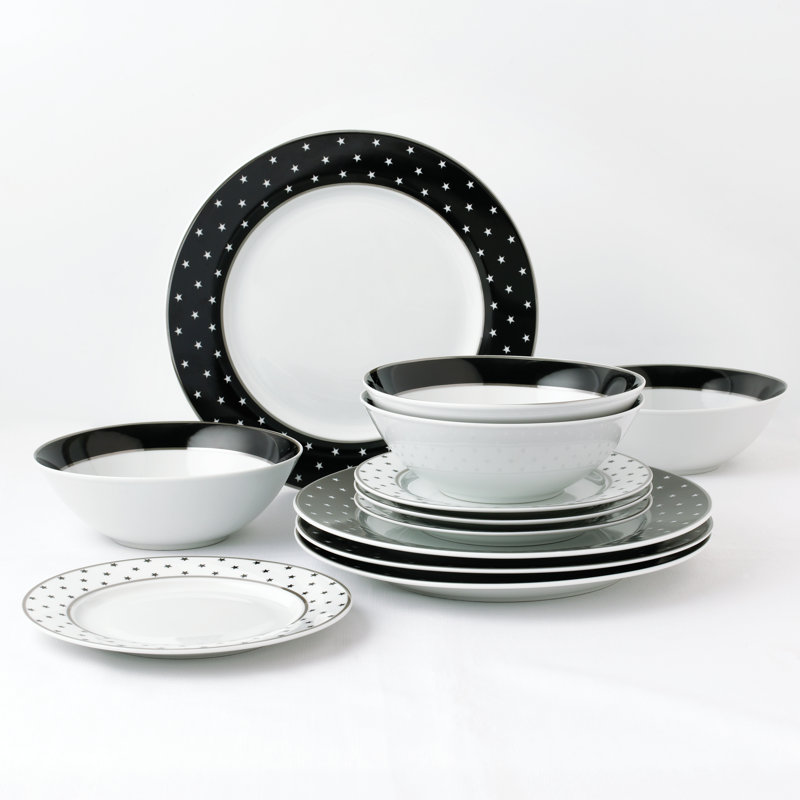Waterside 12pc Star Porcelain Dinner Set with Platinum Rim, Black