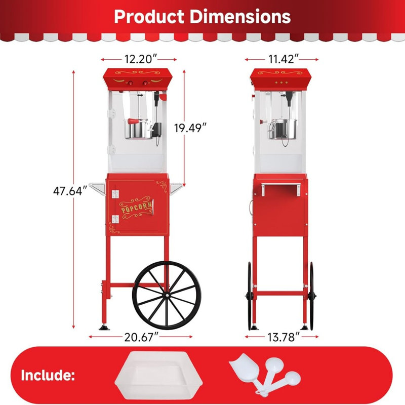 Vintage Red Popcorn Machine With Cart, 6 Oz Capacity, Stainless Steel, Oil Spoon, And Lockers For Home Or Commercial Use – Retro Movie Theatre Style