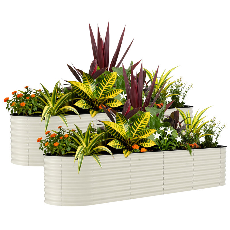 2 Pack 8x2x2 FT Galvanized Raised Garden Beds With anti-cut strip Durable Green Planter Box for Outdoor Vegetables Flowers Plants, Beige