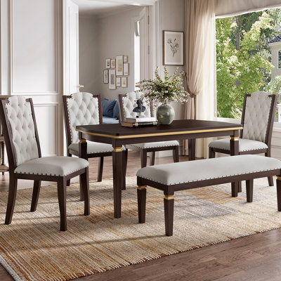 Ensemble de salle à manger élégant 6 pièces avec table rectangulaire, 4 chaises capitonnées à haut dossier et banc pour des repas familiaux confortables