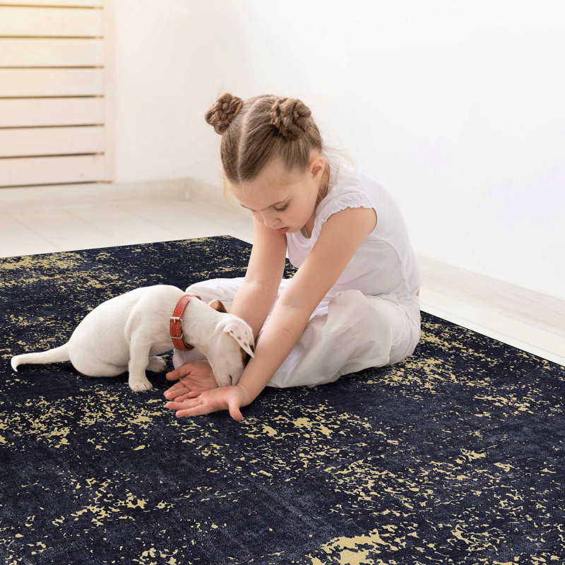 Low-pile Area Rug - Washable, Stain , For Bedroom, Living Room (black + Gold, 2'6'' X 10' Non-slip , Room,