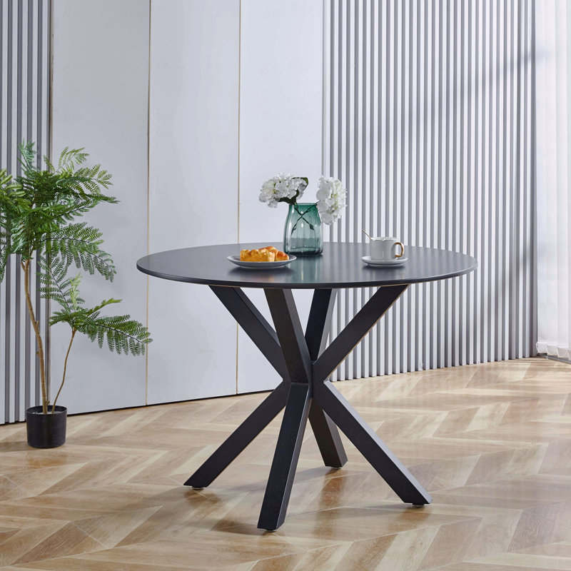 Table de salle à manger de 42,1 po de style Mid-Century noir pour 4 à 6 personnes avec plateau rond en bois aggloméré (table basse incluse, sans chaises)