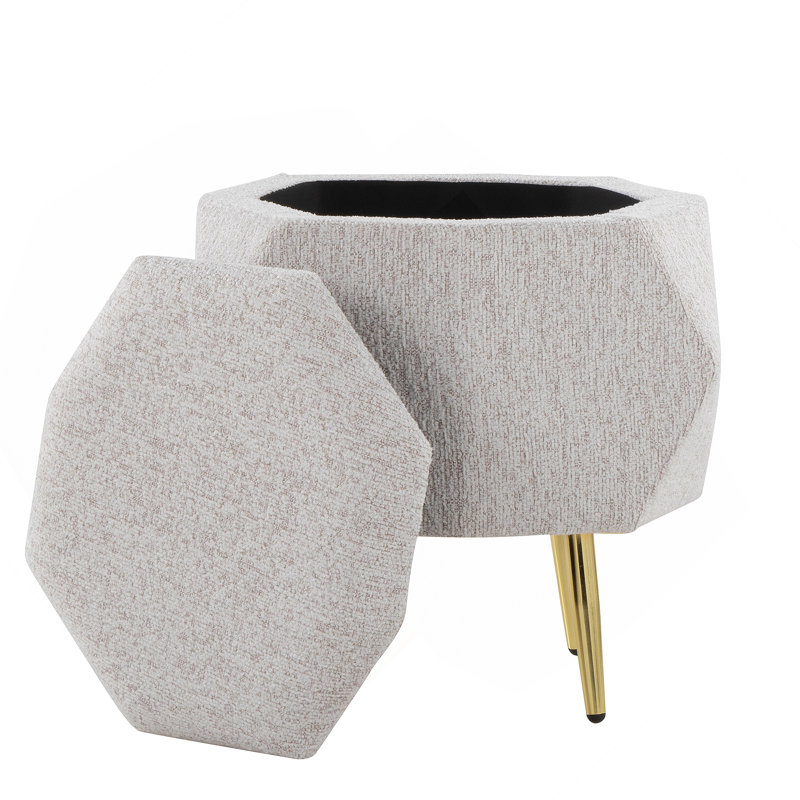 Ottoman In Gold Metal And Light Grey Fabric With Storage, Light Gray