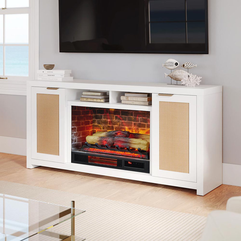 Inlet Cove White Rattan TV Stand with Electric Fireplace
