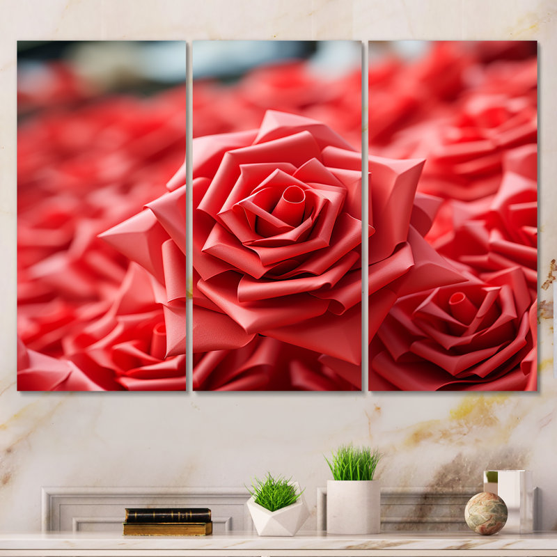 Red Floral Rhythmic Radiance - art mural géométrique, H 28 po x l 36 po x P 1 po, Toile tendue