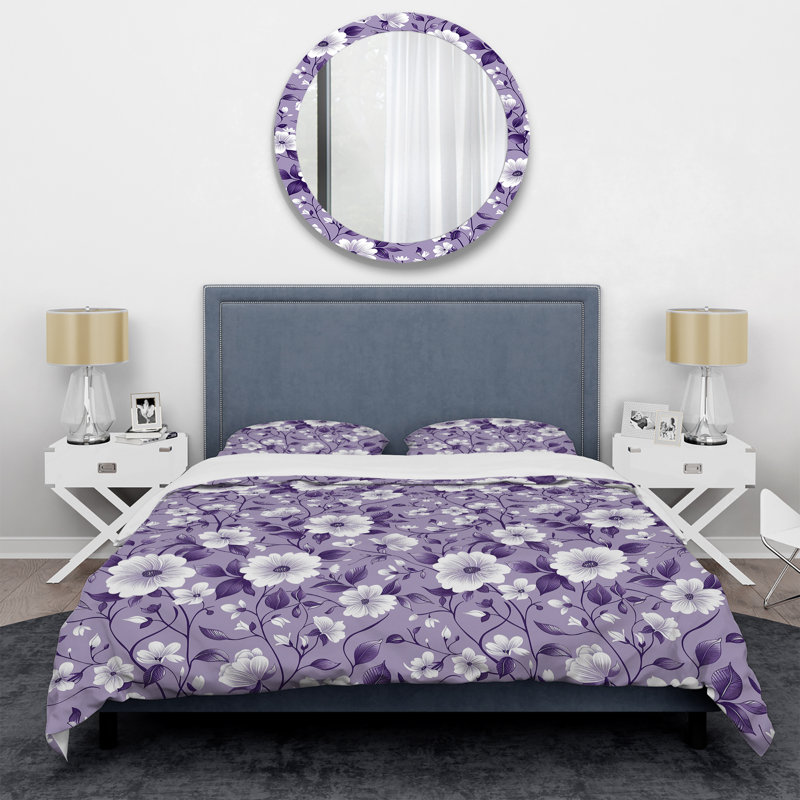 Ensemble de housse de couette mauve, fleur blanche, charme II - Glam, Housse de couette très grand + 2 taies décorativ