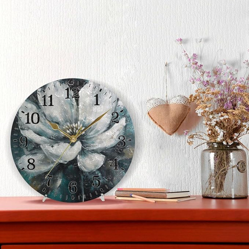 JUNZAN Retro White Oil Painting Flower Bathroom Wall Clock 10 Inch Small Round Clock Kitchen Decor Battery Powered No Ticking 10 Inch For Bedroom Farmhouse Hotel