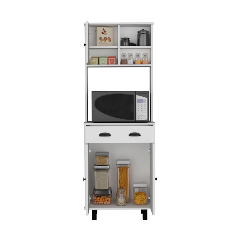 Garde-manger avec 2 armoires, 2 tablettes ouvertes et un tiroir, Blanc