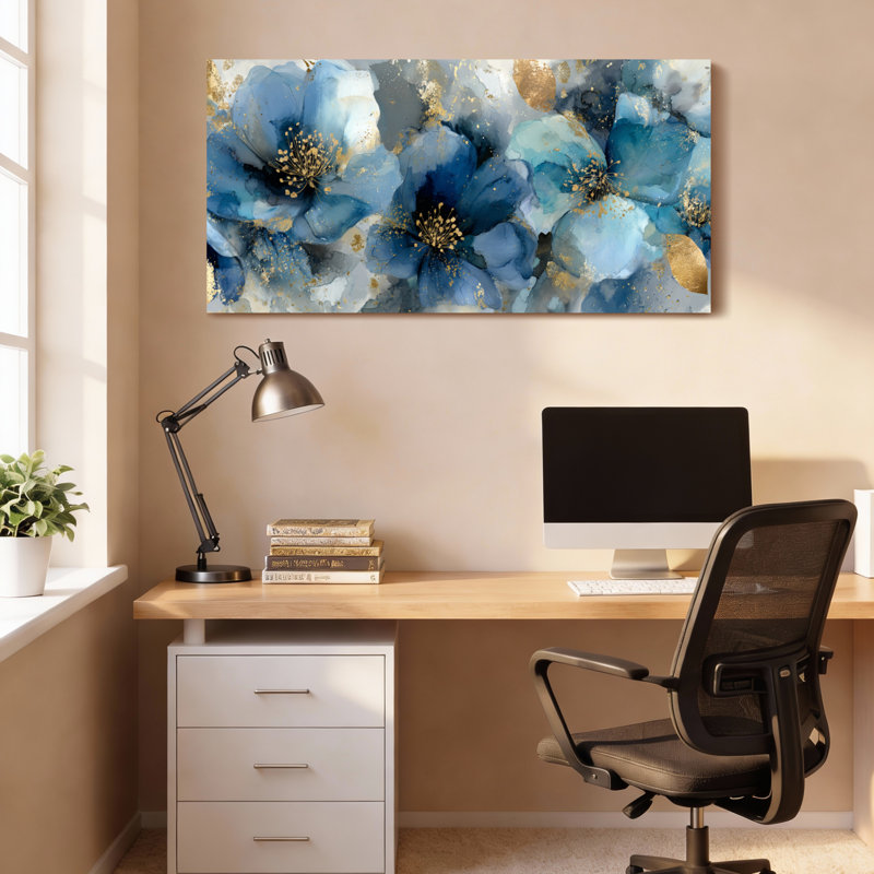 Ensemble de 1 tableau sur toile à motifs floraux abstraits bleus et accents dorés, H 12 po x l 36 po
