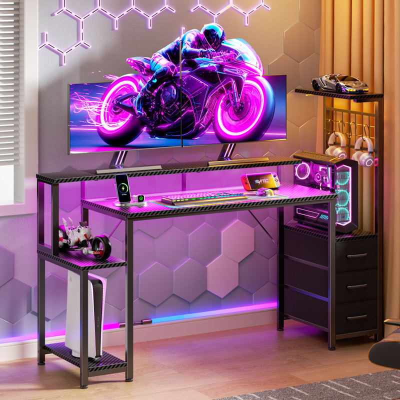 55"W Gaming Desk With Recessed Power Outlets,computer Desk With 3-tier Fabric Drawers, Gaming Desk With Cpu Stand And Led Lights,home Office Desk With Spacious Storage Shelf And Versatile Hooks