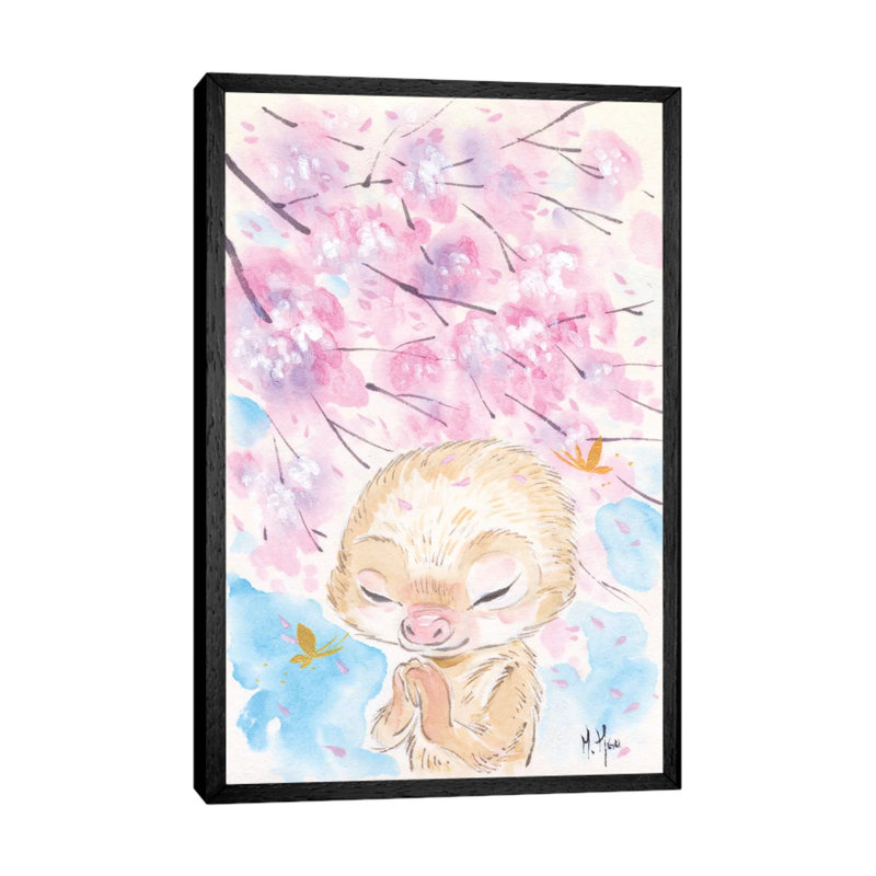 Cherry Blossom Wishes Sloth by Martin Hsu - Print on Canvas, 101.6 cm H x 66.04 cm W, Black Framed
