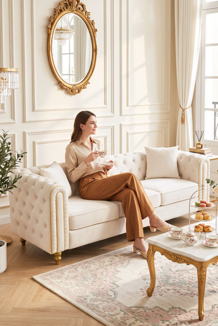 French Tufted Sofa with Gold Accents