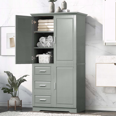 Tall and Wide Storage Cabinet with Three Drawers and Three Doors - Grey