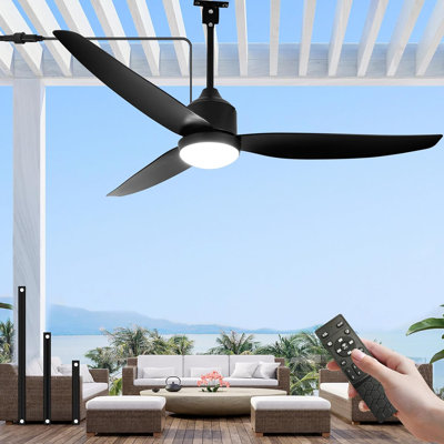 Outdoor Ceiling Fan With Light And Remote, 52-Inch LED 3-Blade Gazebo Fan For Patios, Waterproof DC Motor, 6-Speed Reversible, Dimmable, Timer, 3 Downrods, Black