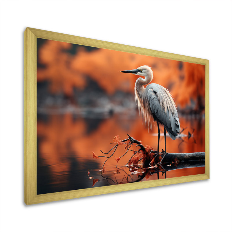 Grey Red Heron Solitude - Animals Canvas Art Print, Encadrement doré, H 34 po x l 44 po x P 1,5 po