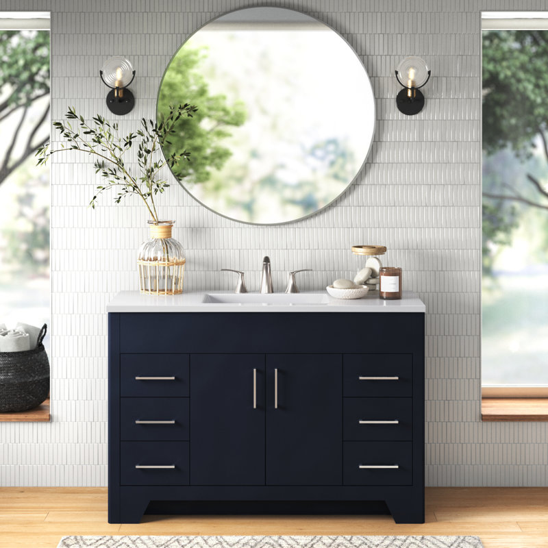 Ayneka 48.5" W 4-Drawer Single Bathroom Vanity with Cultured Marble Top, Deep Blue
