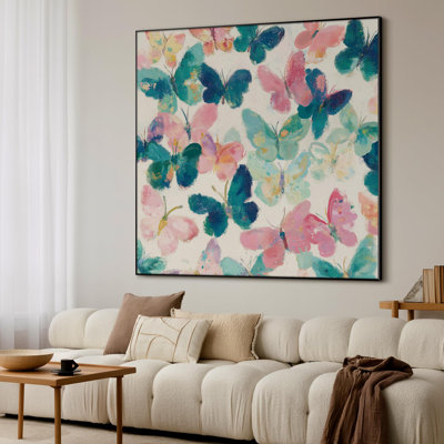 Très grande reproduction d'art sur toile - Motif papillon coloré, Illustration d'insecte pastel fantaisiste, décoration pour le salon ou la chambre à coucher - «Assemblage requis du cadre (cadre non fini)