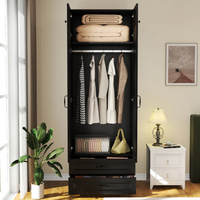 Armoire-penderie moderne à 2 tiroirs: armoire de chambre à coucher blanche 89 po avec 2 portes, armoire en bois avec tringle, armoires de rangement avec tablettes
