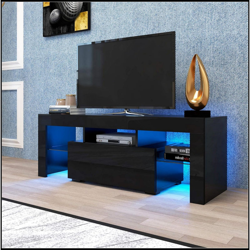 LED TV Stand For Televisions Up To 55 Inchs,Modern Entertainment Center With Down Filp Door, Glass Shelf And High Glossy UV Front Face, TV Console Table For Living Room,Bedroom. Black Color