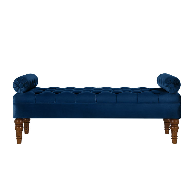 Fauteuil de chambre en velours bleu marine avec banc à boutons en bois, Marine