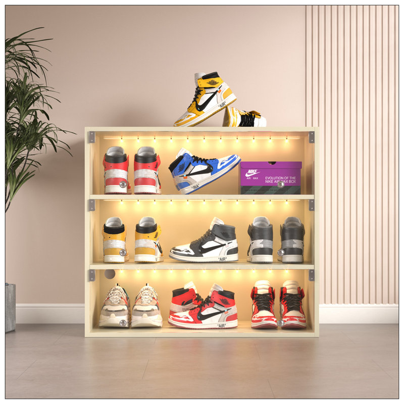 LED Light Shoe Box Three Layers With Glass Doors, Off White