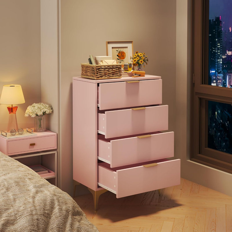 4 Drawer Dressers for Bedroom, Storage Chest Cabinet Organizer Unit, Chest of Drawer, Pink