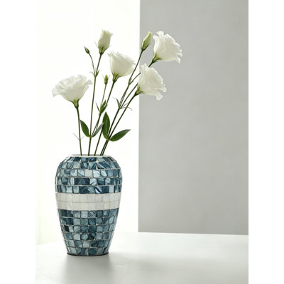 Vase mosaïque bleu et blanc rayé en nacre de table décorative pour bord de mer