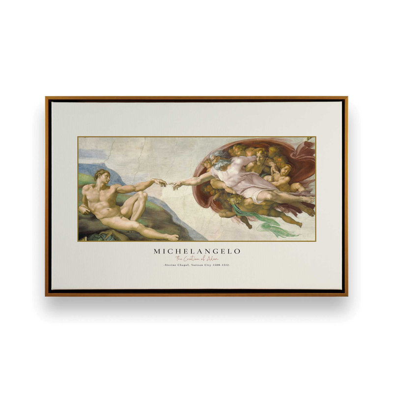 La création d'Adam par Michel-Ange, reproduction sur toile dans un cadre, H 24,75 po x l 36,75 po, Or poli