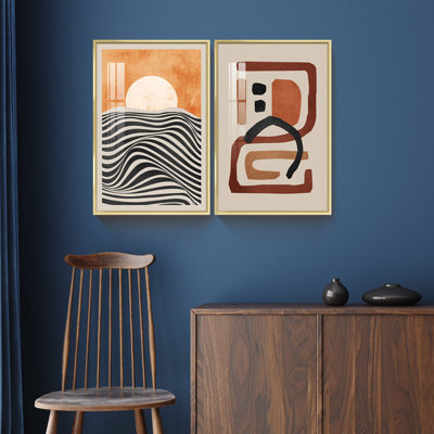 "Modern Boho", art mural encadré abstrait soleil et lignes, 2 pièces