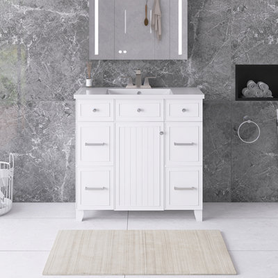 36 po Meuble-lavabo autoportant avec plateau en céramique blanche non assemblé