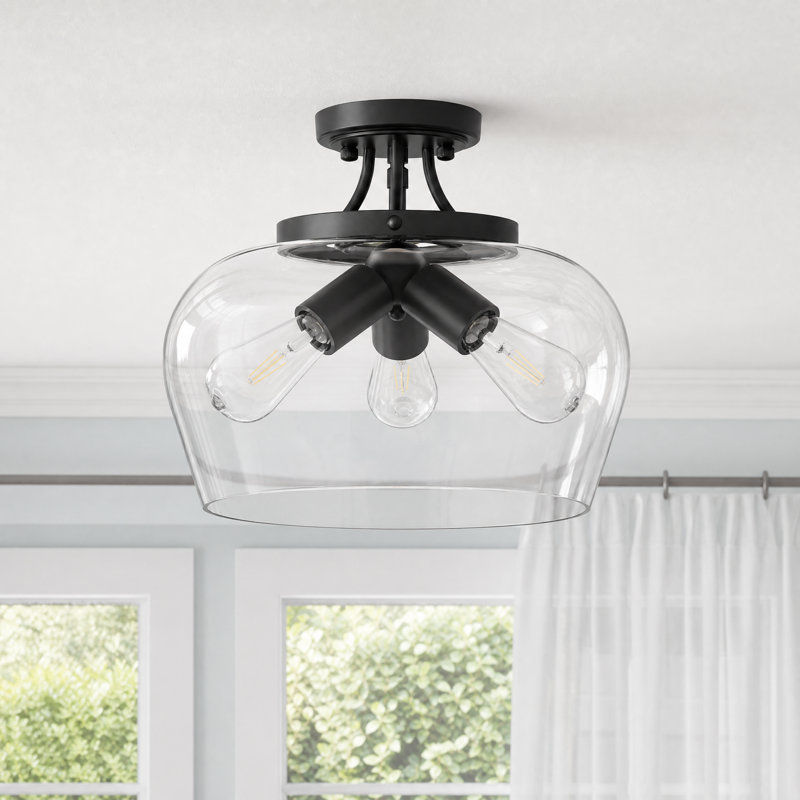 Penley 3 - Light 13.8" Glass Semi Flush Mount Ceiling Light in Matte Black, Black