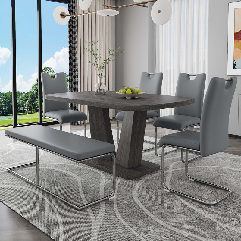 6 Piece Dining Table Set with 4 Ergonomic Dining Chairs and 1 Bench, Gray