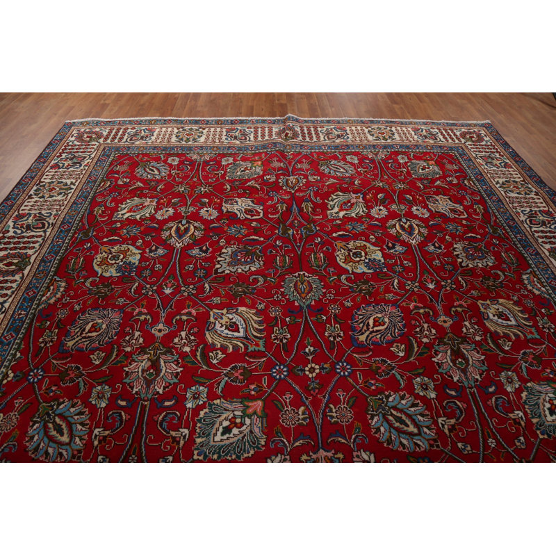 Tapis rouge unique en laine noué à la main de style années 1980 de 9 pi 11 po x 15 pi 8 po Lenie