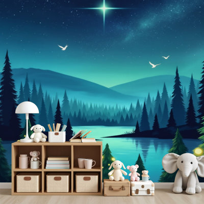 Papier peint à peler et coller, paysage de forêt magique, pins illuminés, ciel étoilé, lac calme, peintures murales, H 69 po x l 96 po, papier peint amovible en PVC, adhésif pour chambre à coucher, bureau à domicile