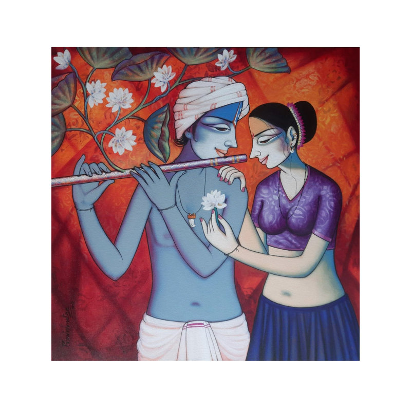 Flûte Krishna et Radha tenant une fleur, peinture acrylique sur toile par Pravin Utge