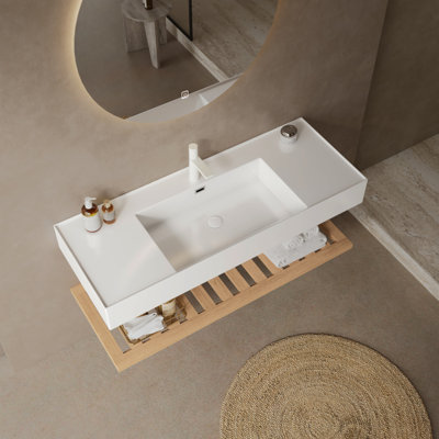 Meuble-lavabo de salle de bain avec lavabo vasque, lavabo flottant rectangulaire intégré en acrylique intégré sans robinet, étagère rayée