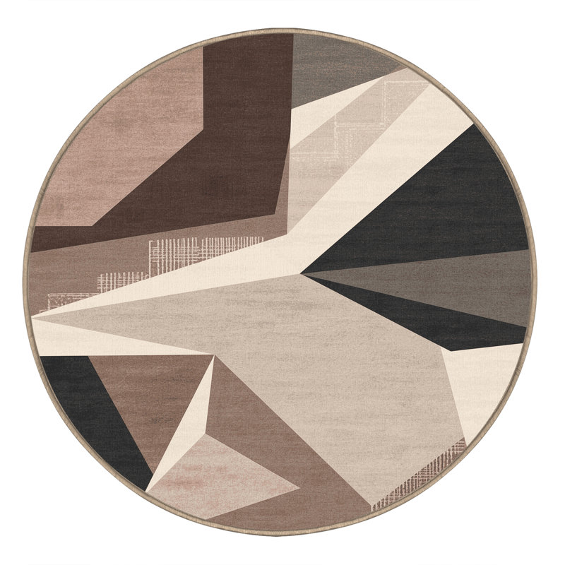 Machine Washable Patterns And Textures Modern Geometric Shapes Rug in Gray – Beige Binding, 8' Round