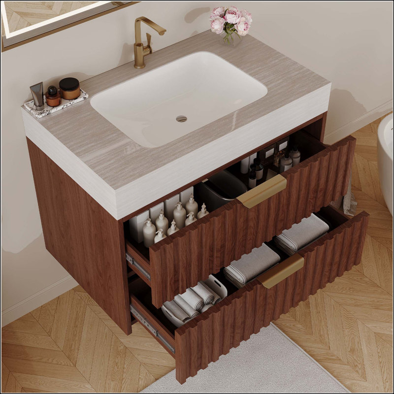 Meuble-lavabo flottant moderne de 30 po avec plateau en pierre frittée sans soudure, Stone Grey