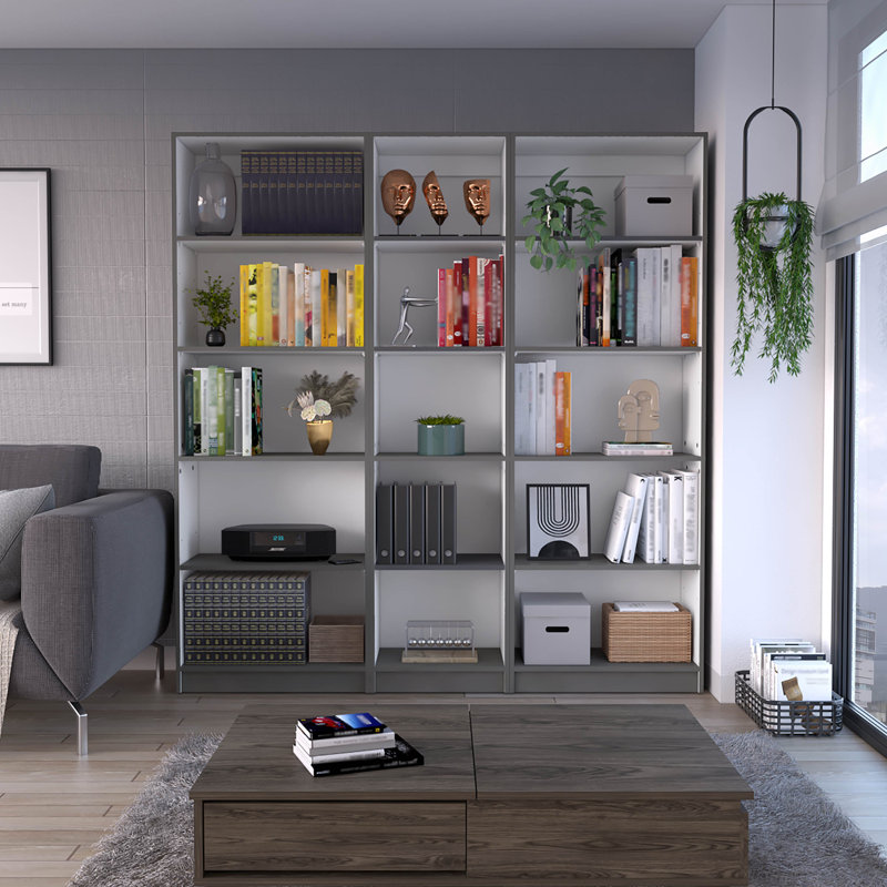 Britnai Bookcase, 71.1"H x 67"W x 11.7"D, 3, White/Gray