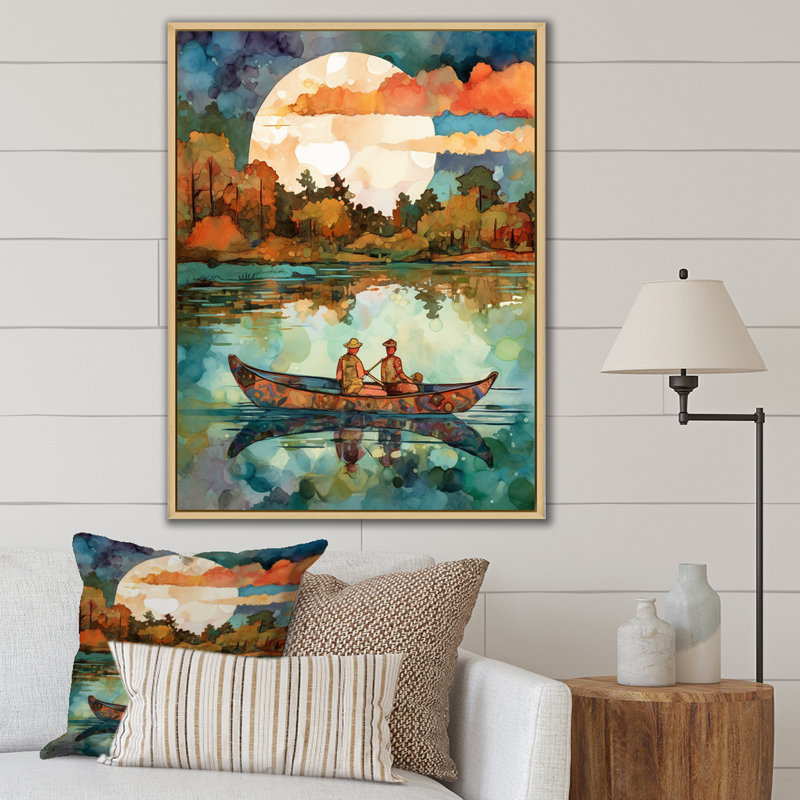 «Autumn Lake Full Moon Serenity Dinghy Rowing», reproduction, 40" H x 30" W, Gold Picture Framed