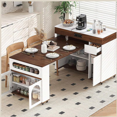 TREXM Extendable Dining Table with Extra-Long Folding Top, Rolling Kitchen Island with Drawers, Power Outlet and Brake lock, Storage Cabinet for Kitchen and Dining Room (Walnut + Creamy White)