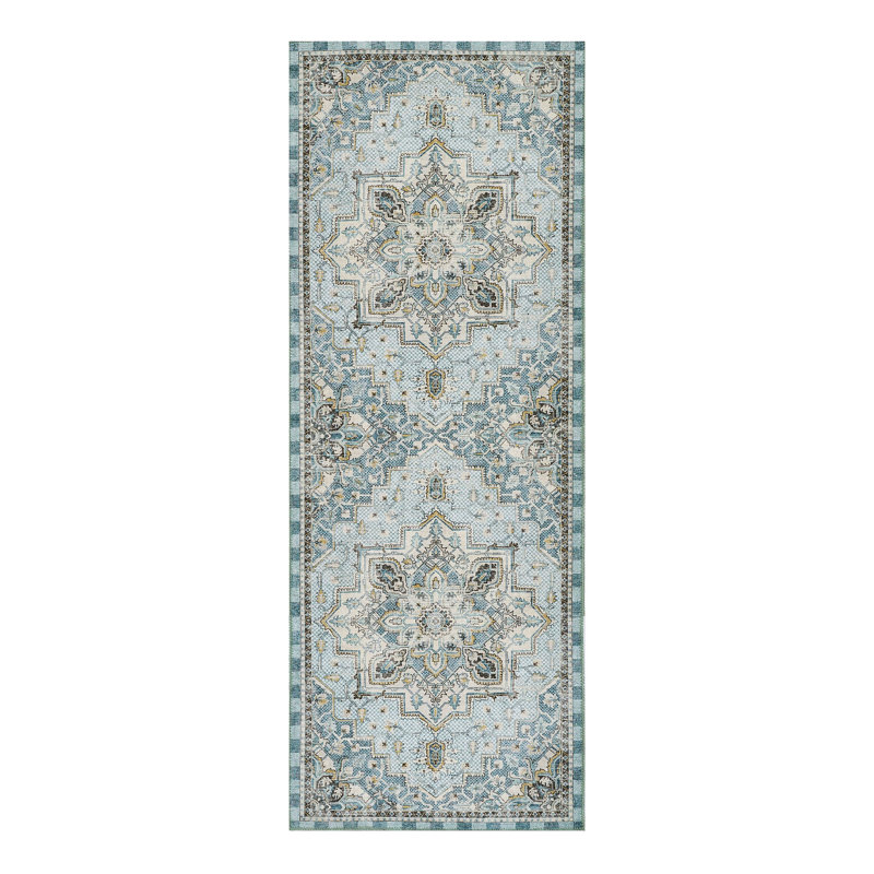 Heriz Checked Aqua Washable Rug, Runner 2'6" x 8'