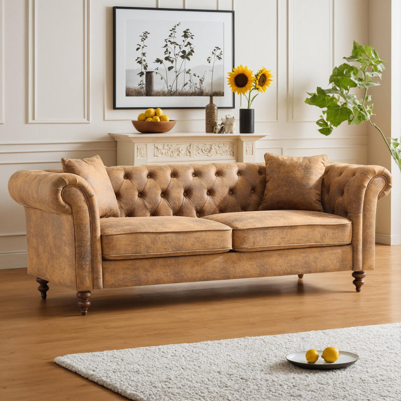 Canapé Chesterfield à accoudoirs roulés capitonnés avec coussins de 83 po Gultekin, H 29 po x l 80,5 po x P 33 po, Brun