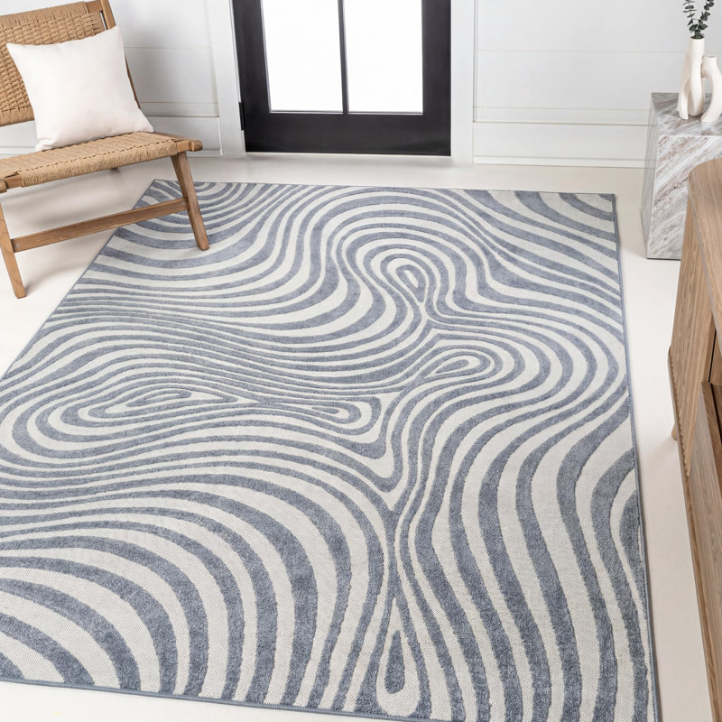 Tapis intérieur / extérieur rayé bleu foncé / crème Amorra, Rectangle 2 pi 11 po x 5 pi