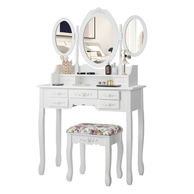Ensemble coiffeuse avec miroir Clementina, Blanc